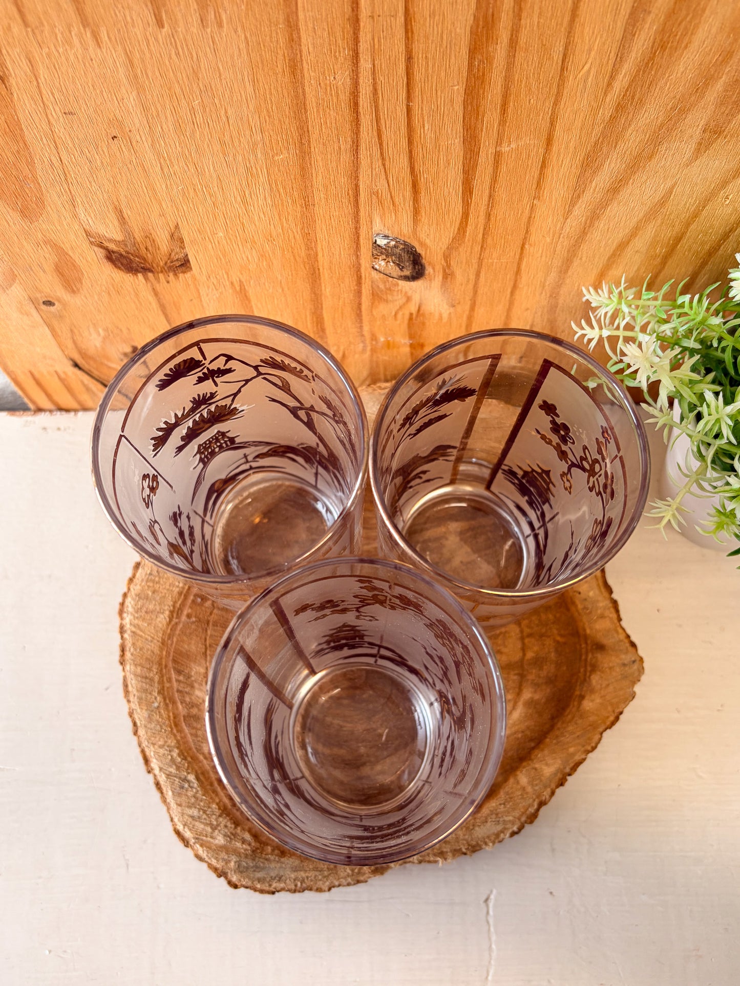 Vtg Set of Three Golden Etched Highball Glasses (Local Pick Up Only)