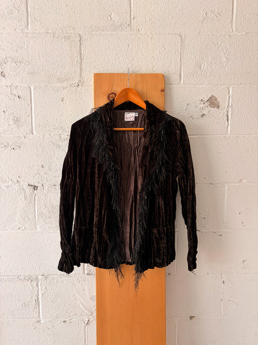 Feather Trimmed Beaded Velvet Cardigan : M