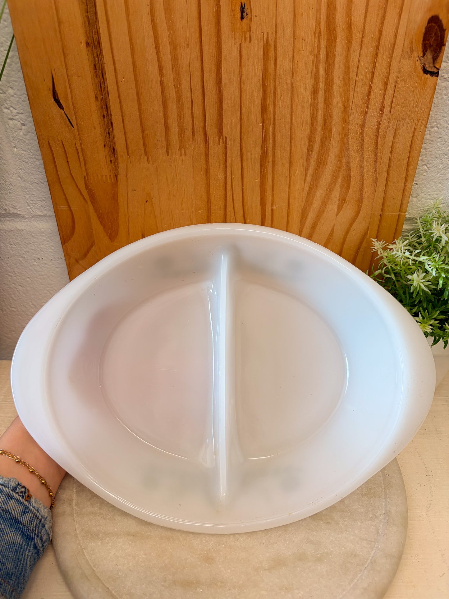 Vtg Glasbake Green Daisy Divided Casserole Dish (Local Pick Up Only)