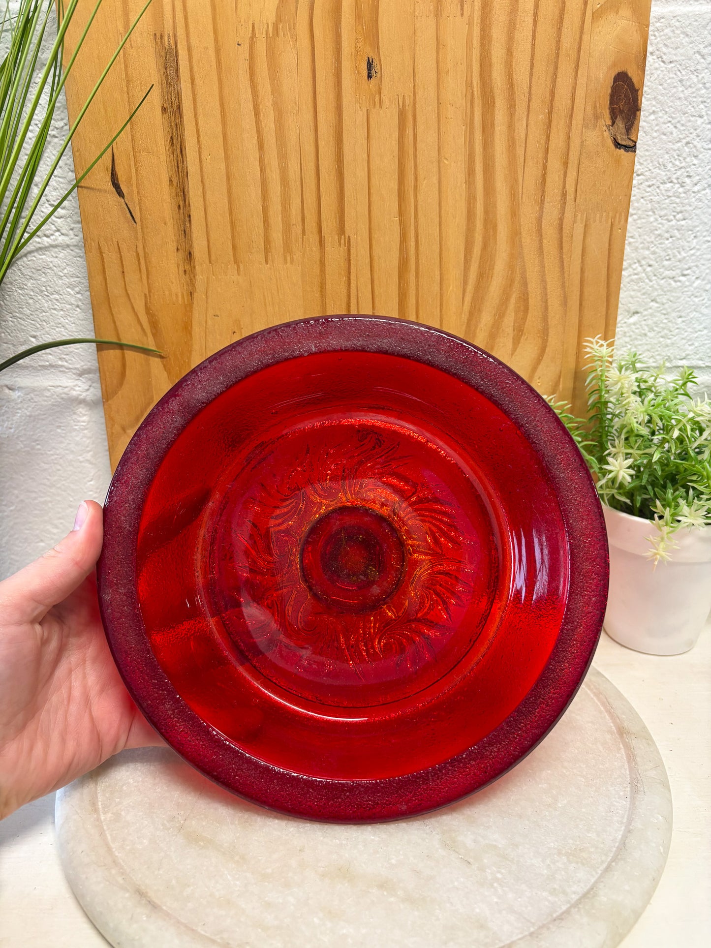 Vtg Red Glass Pedestal Dish (Local Pick Up Only)