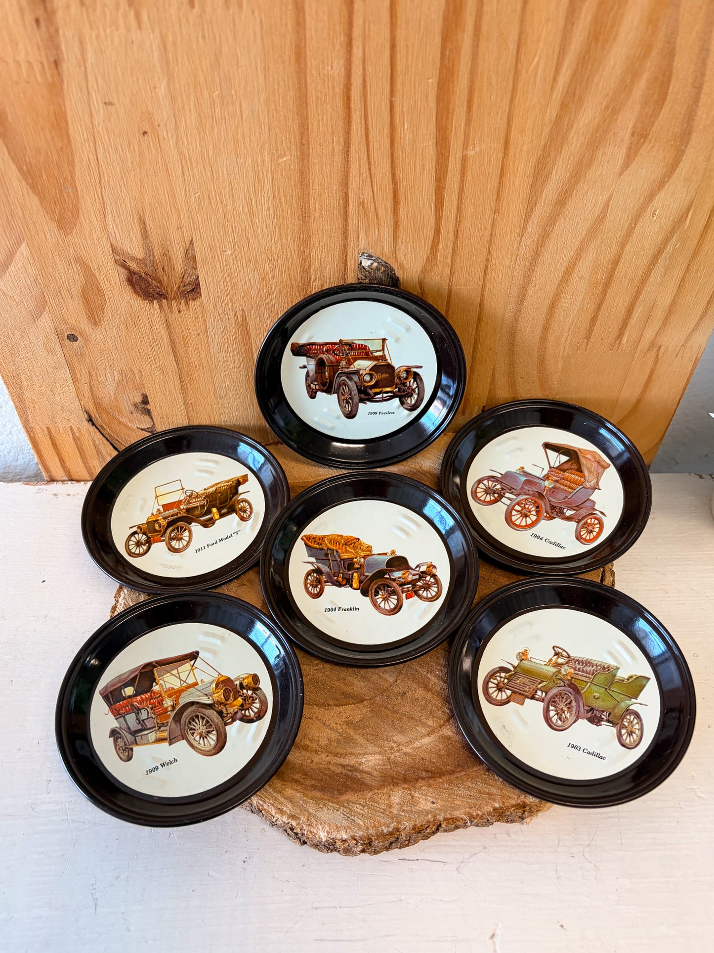 Vtg Car Tin Coasters Set