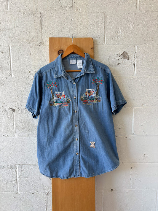 Vtg Short Sleeve Embroidered Denim Button Up : XL