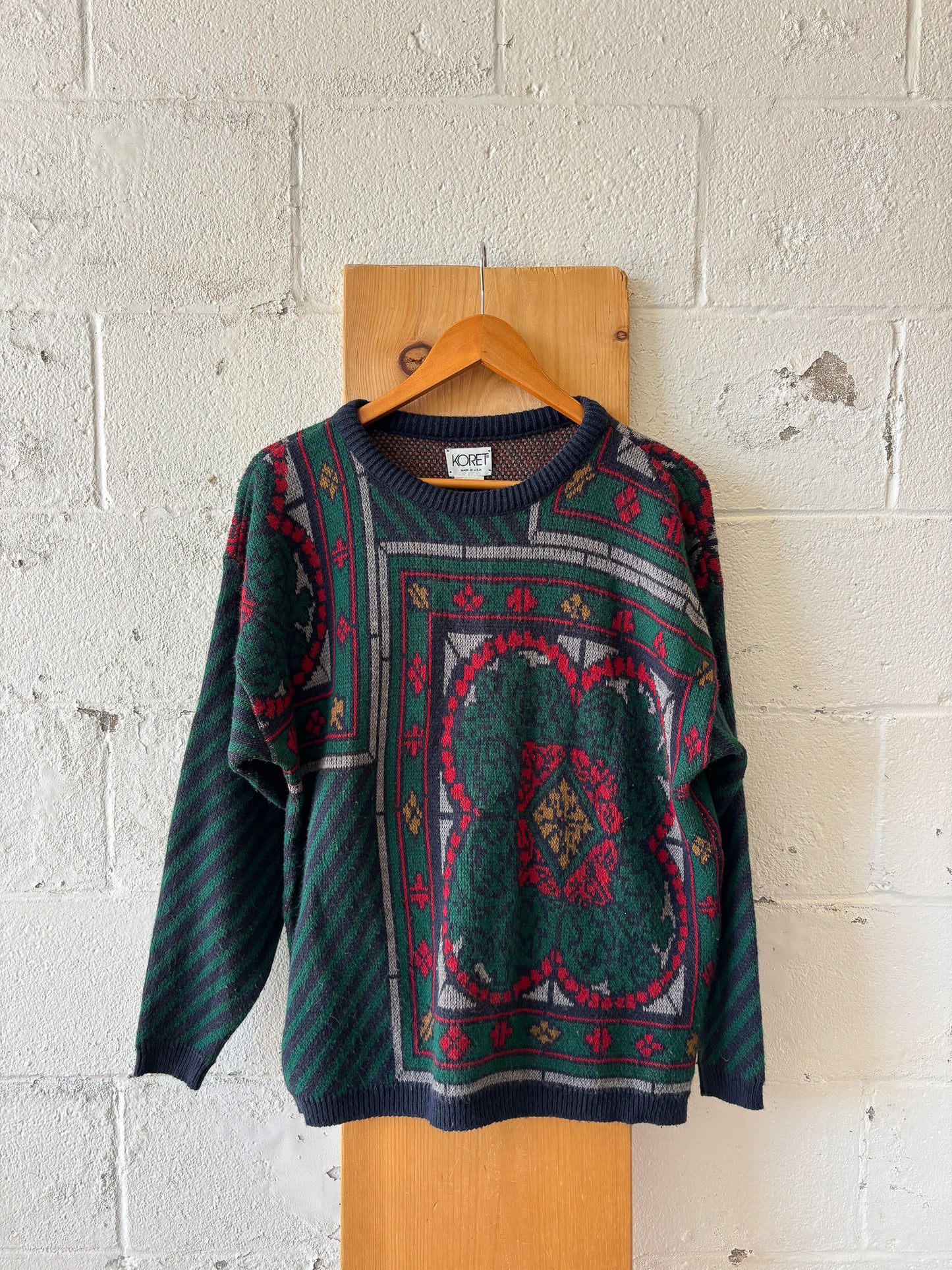 Vtg Green Patterned Sweater : L/XL