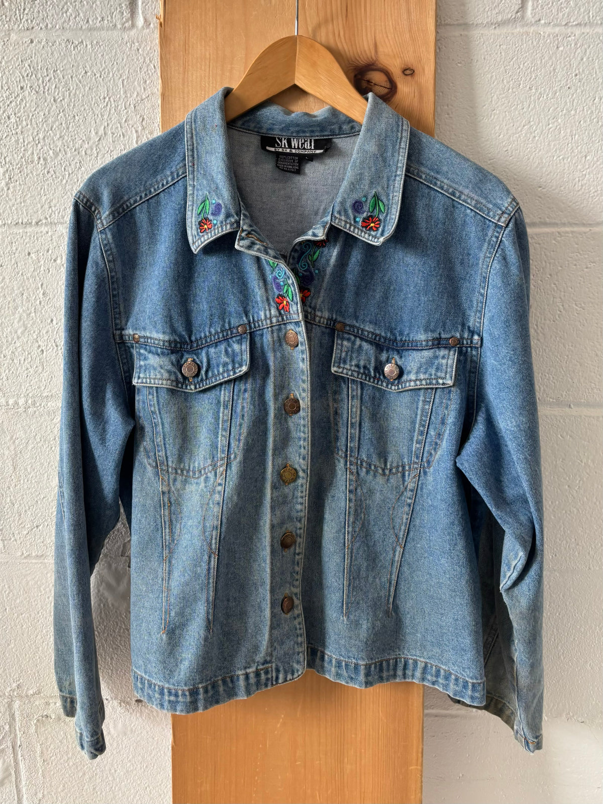 Vtg Embroidered Floral Denim Jacket : L (As Is)