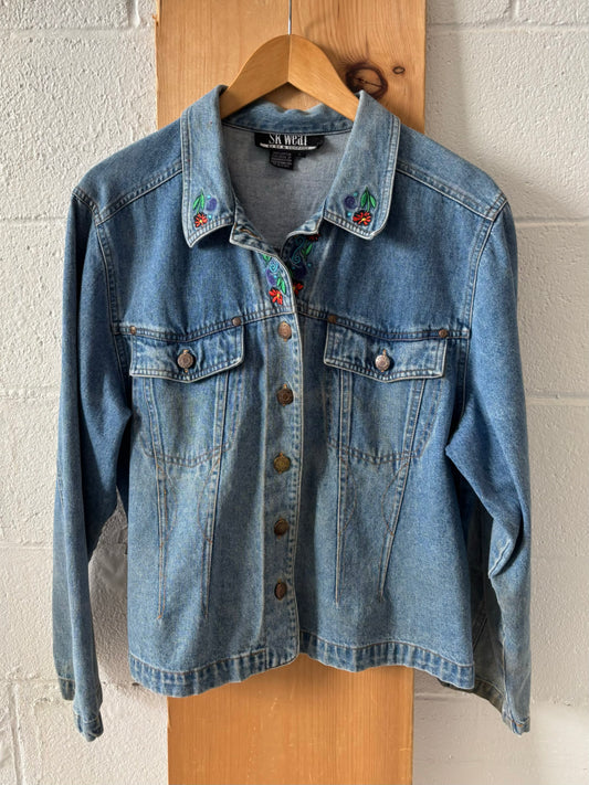 Vtg Embroidered Floral Denim Jacket : L (As Is)