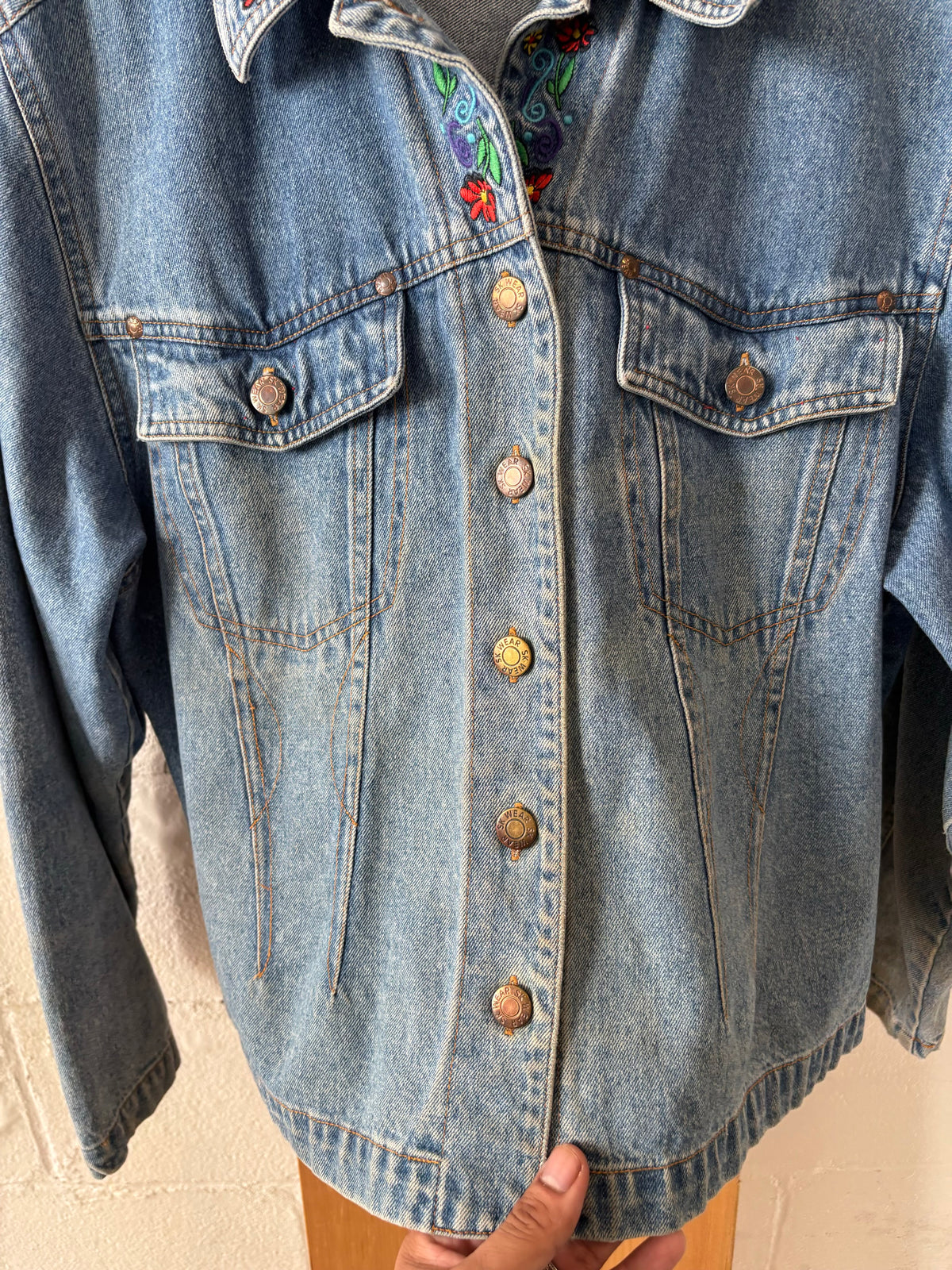 Vtg Embroidered Floral Denim Jacket : L (As Is)