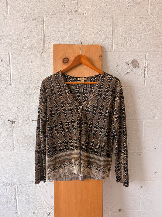 Vtg Patterned Pleated Cardigan : L