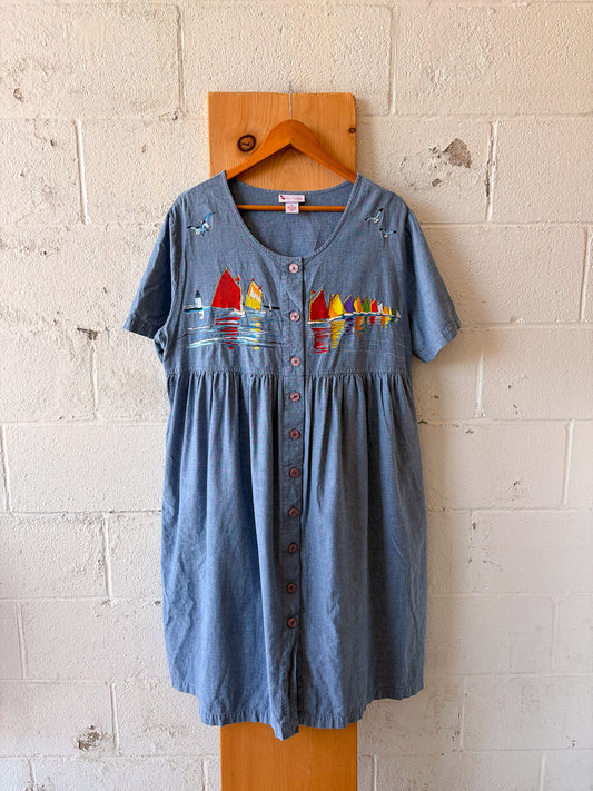 Sailboat Embroidered House Dress : XL