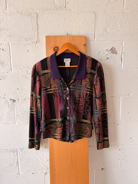 Funky Patterned Open Back Button Up Top : 14P