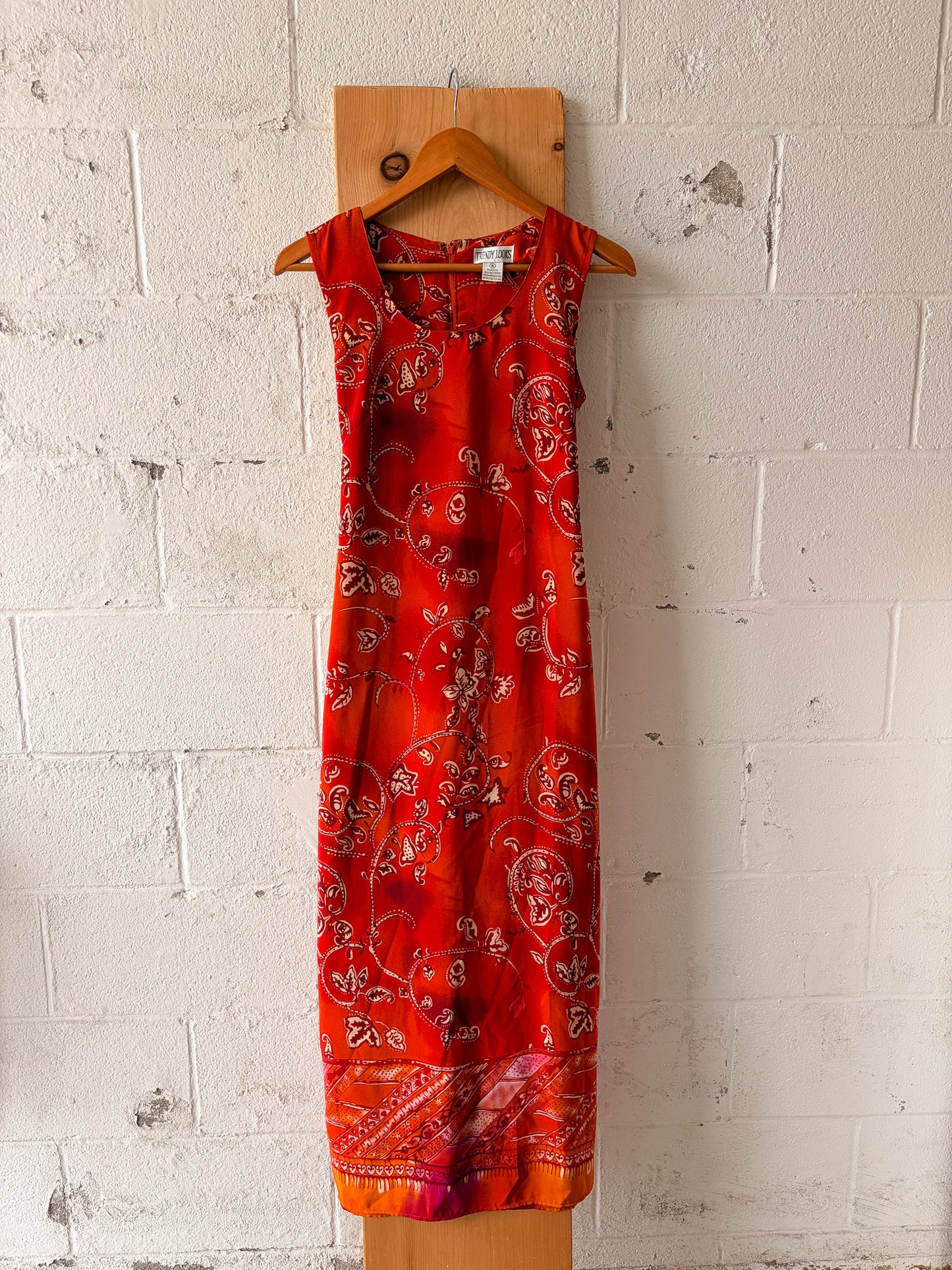 Vtg Orange Patterned Maxi Dress : S