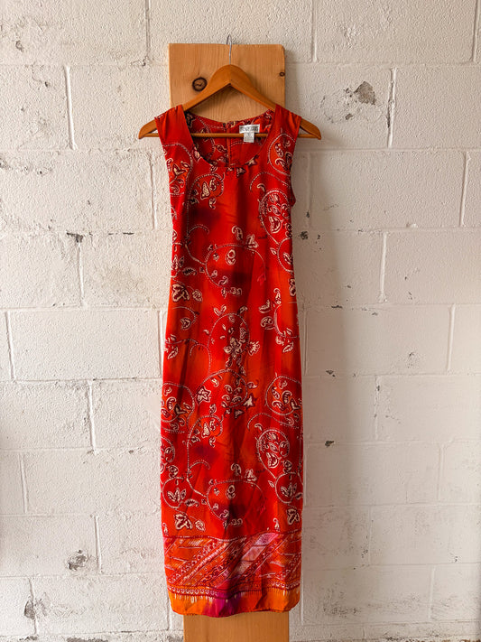 Vtg Orange Patterned Maxi Dress : S