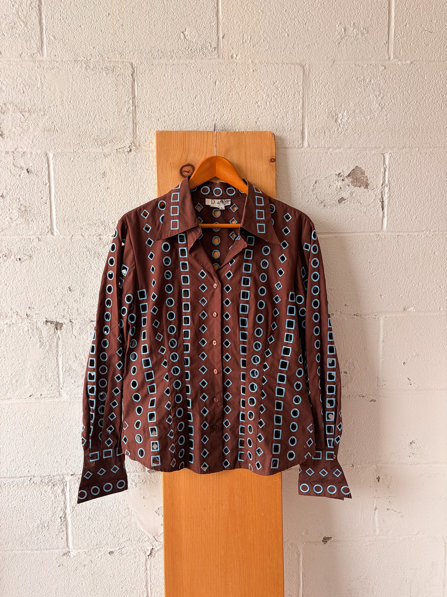 Brown & Blue Cut Out Button Up Top : L