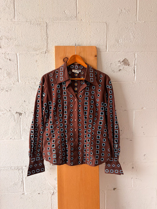 Brown & Blue Cut Out Button Up Top : L