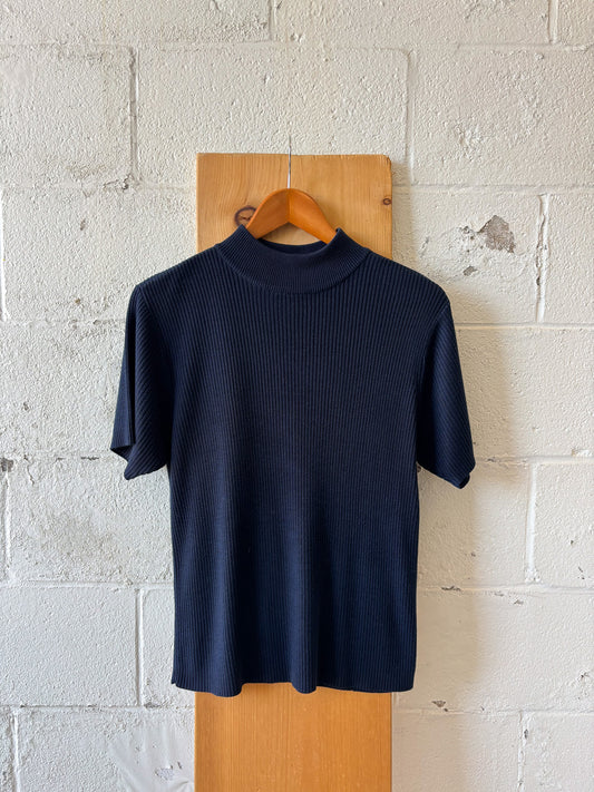 Vtg Short Sleeve Navy Mock Neck Sweater : M