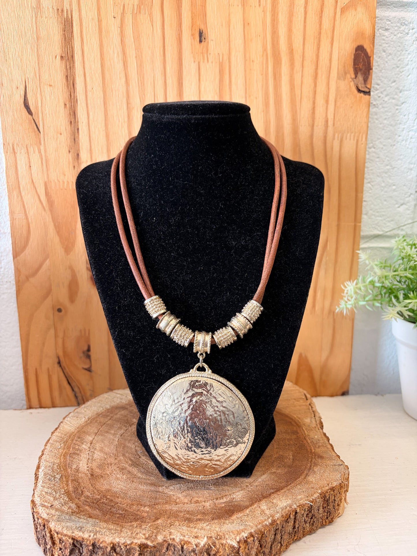Brown Cord Circle Pendant Necklace