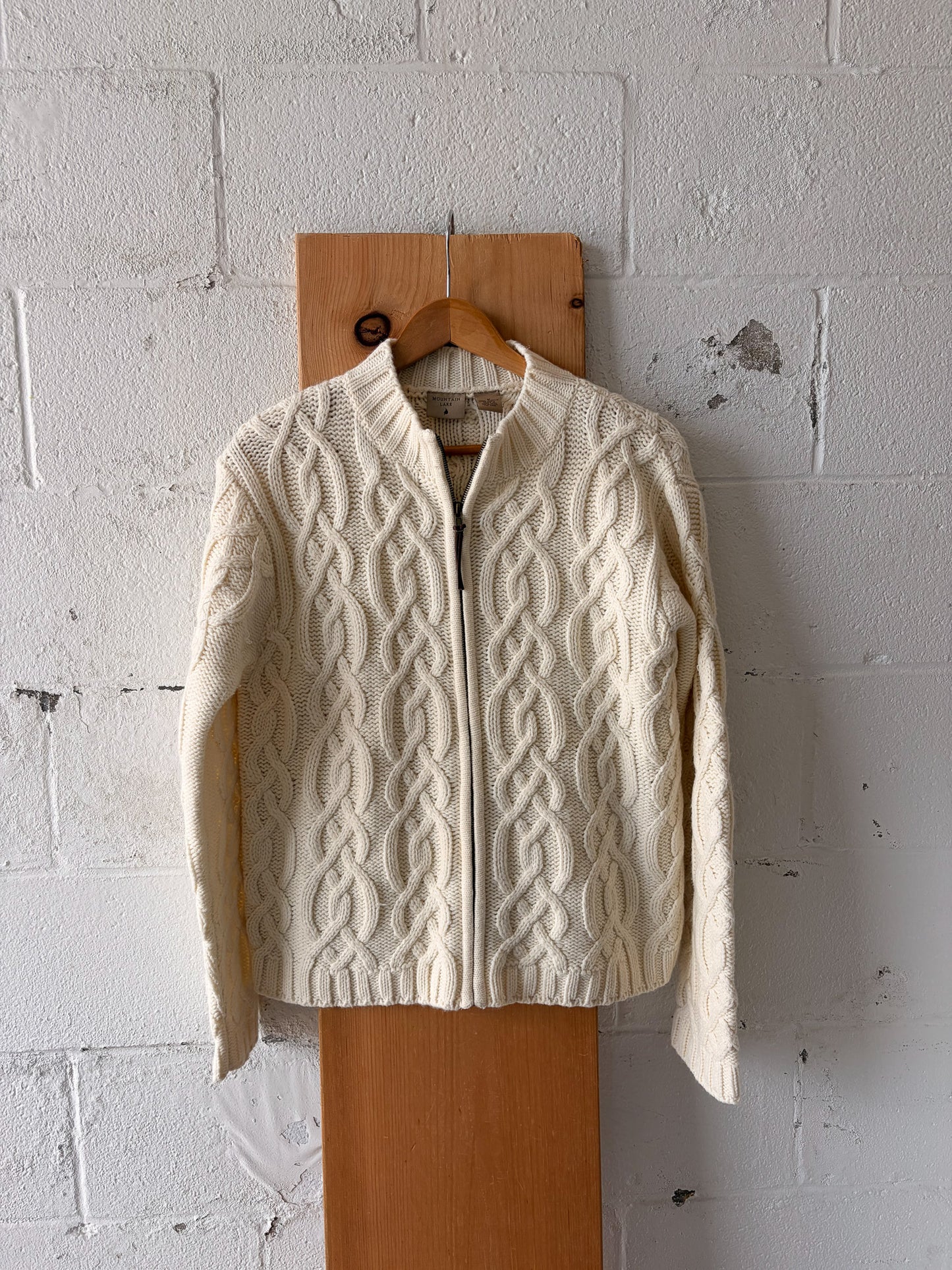 Vtg Cream Knit Zip Up Sweater : M