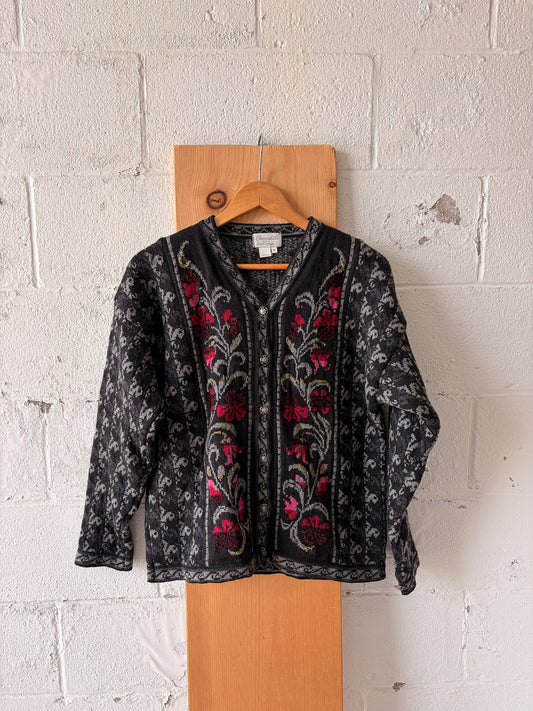 Vtg Floral Wool Cardigan : M