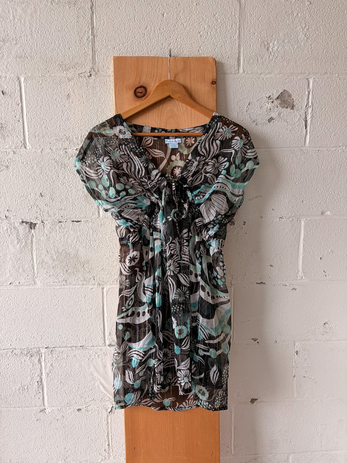 Long Brown & Blue Sheer Patterned Top : XL