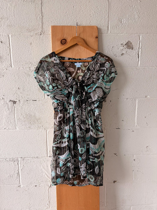 Long Brown & Blue Sheer Patterned Top : XL