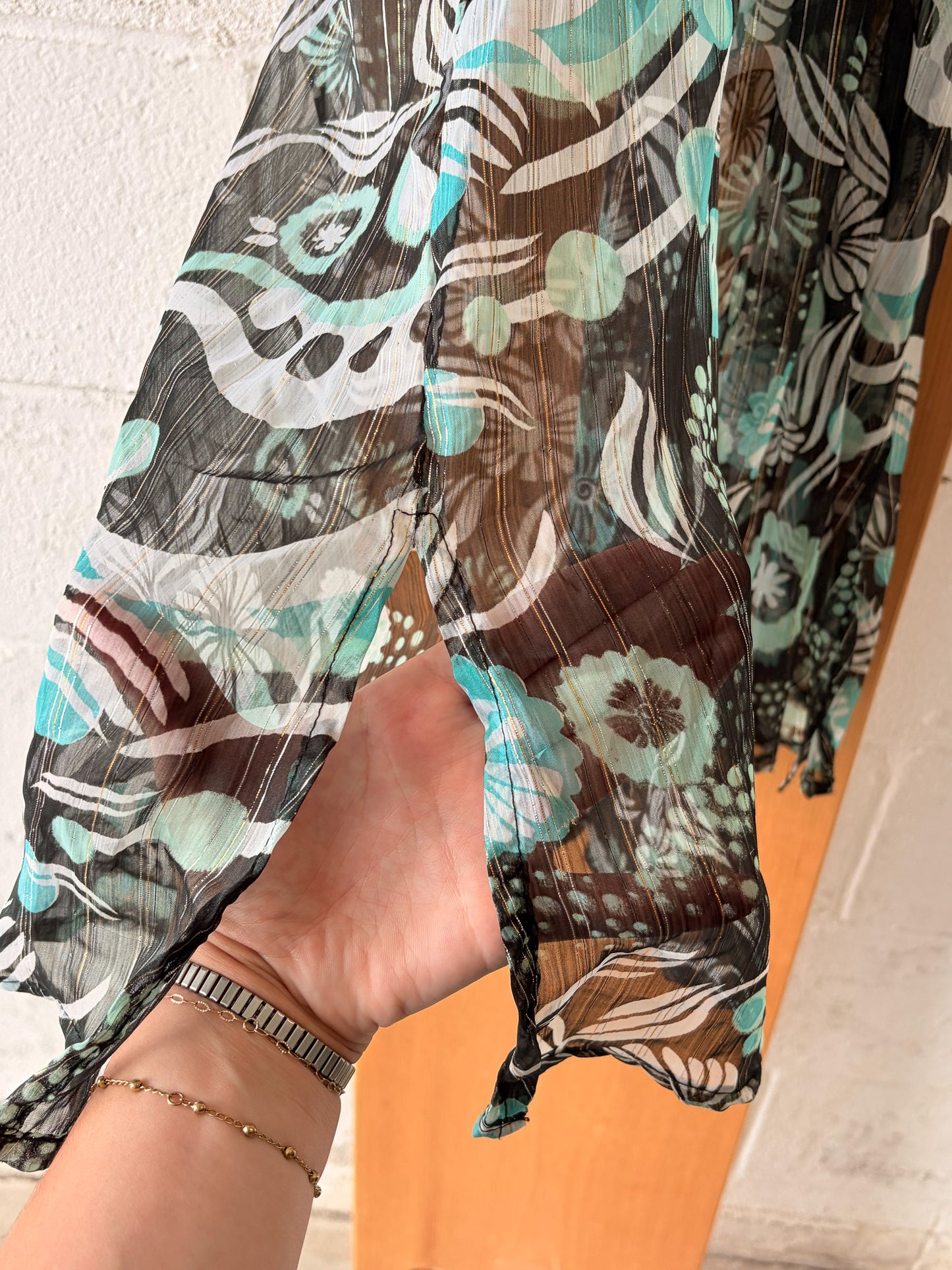 Long Brown & Blue Sheer Patterned Top : XL
