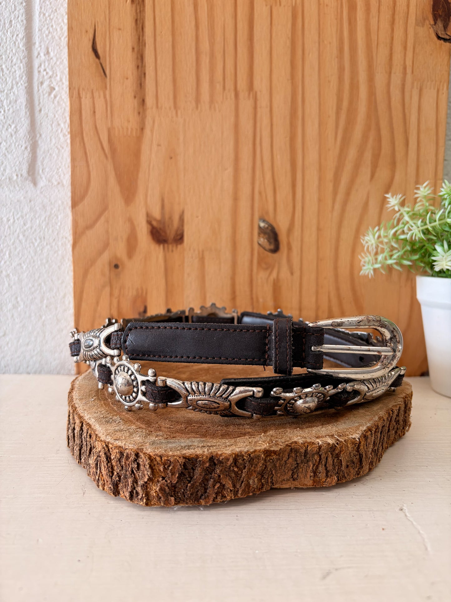 Brown & Silver Detailed Leather Belt : XL