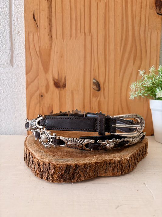 Brown & Silver Detailed Leather Belt : XL