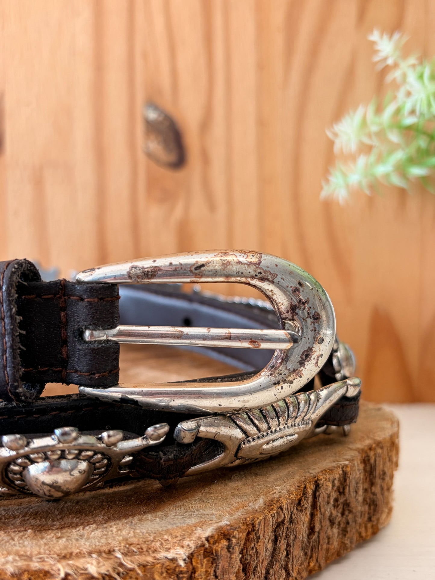 Brown & Silver Detailed Leather Belt : XL