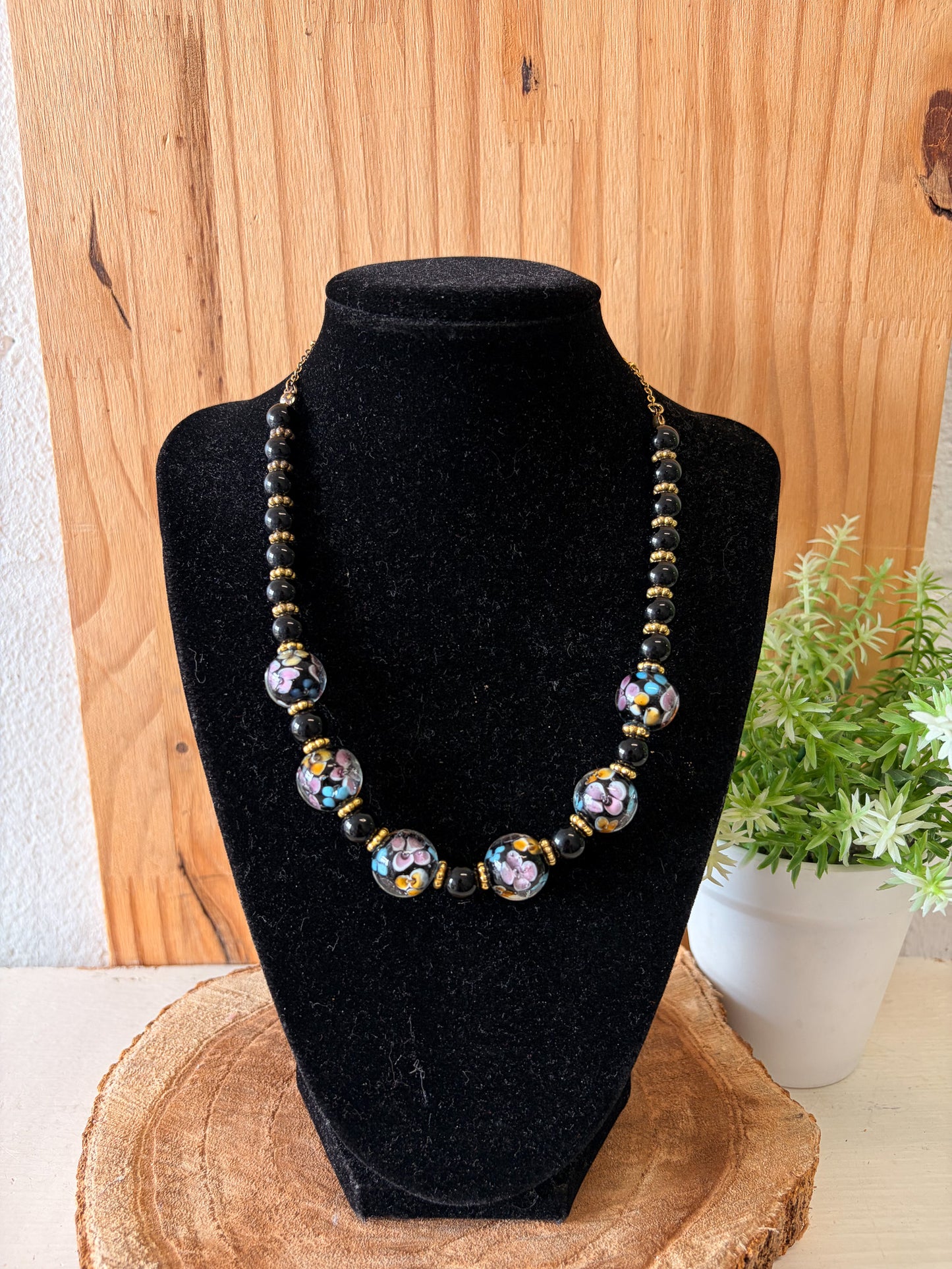 Black, Purple, & Blue Floral Venetian Glass Beaded Necklace
