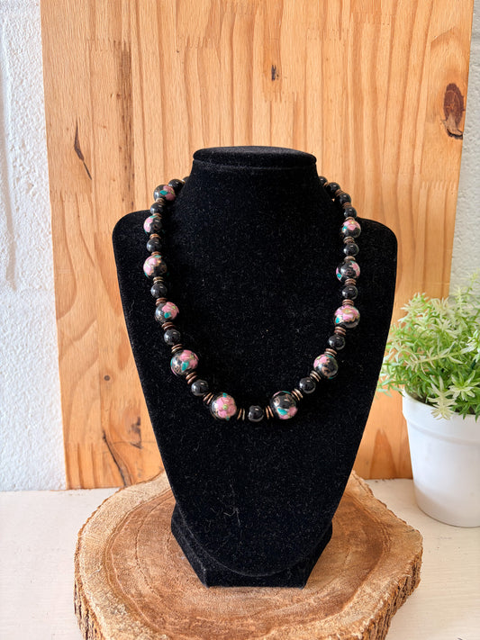 Black & Pink Floral Venetian Glass Beaded Necklace
