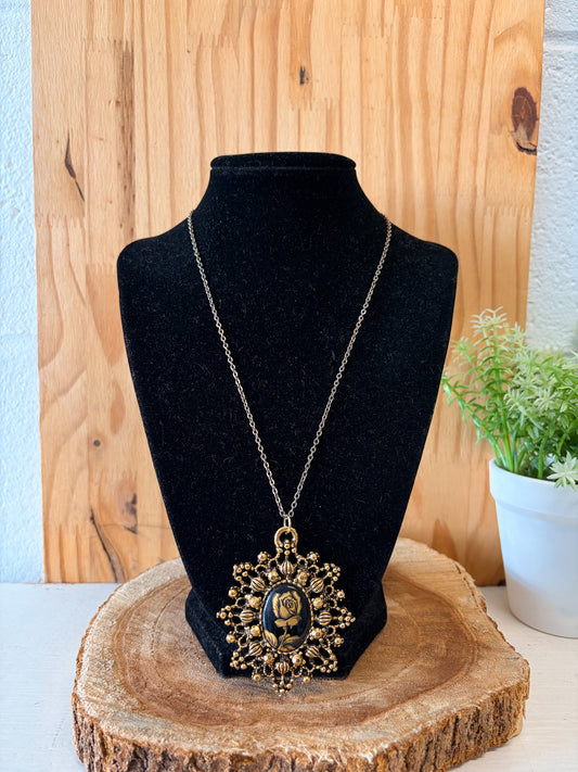 Ornate Gold Tone Rose Pendant Necklace