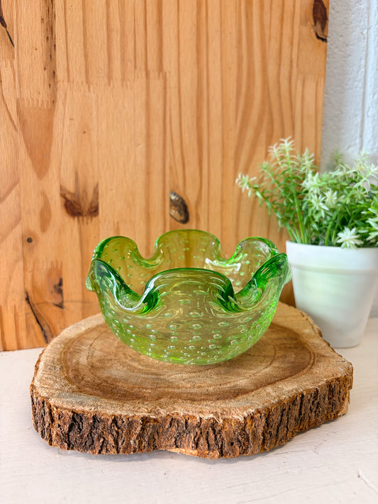 Vtg Round Controlled Green Bubble Glass Ashtray (Local Pick Up Only)