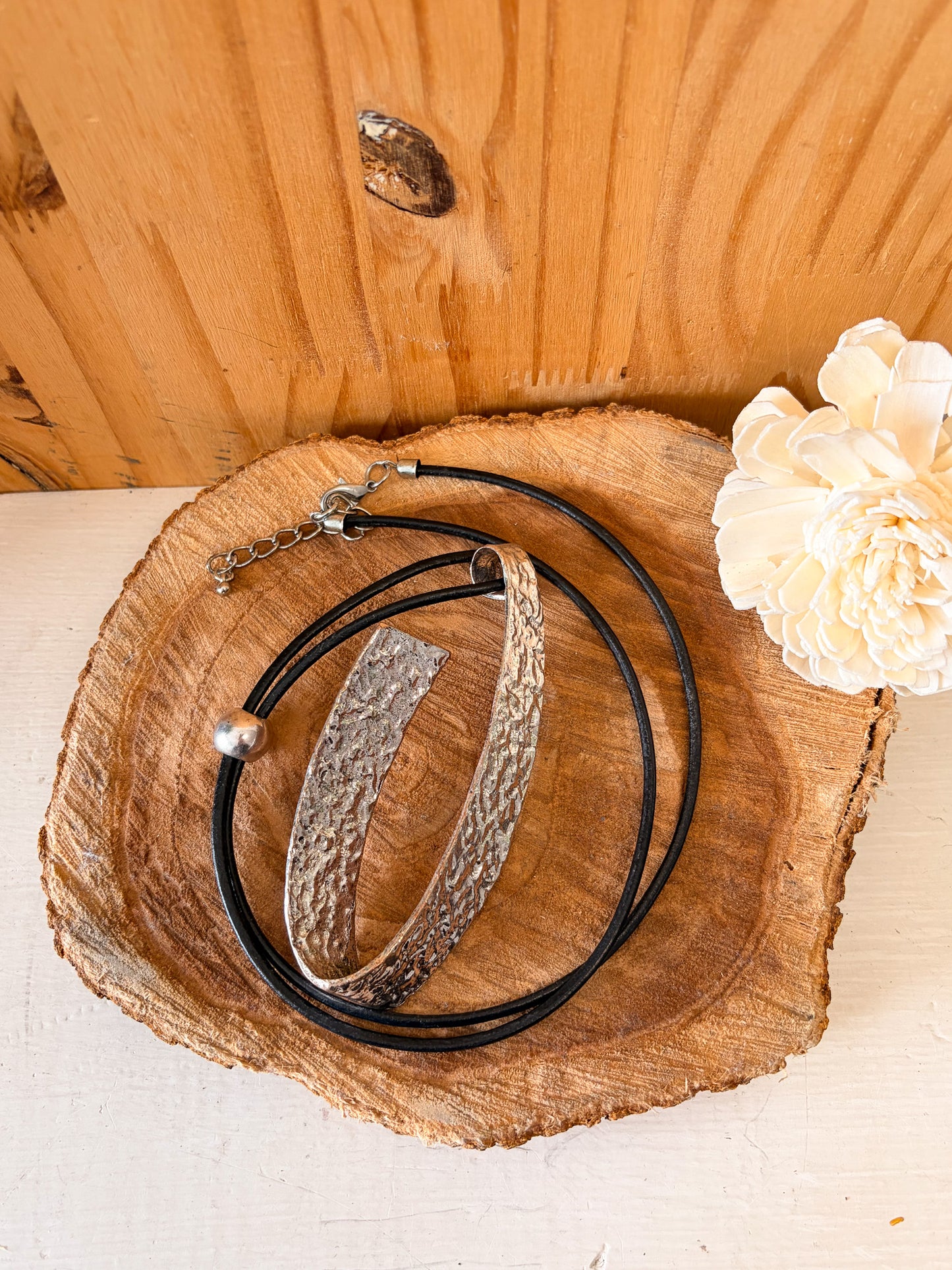 Long Hammered Silver Pendant Cord Necklace