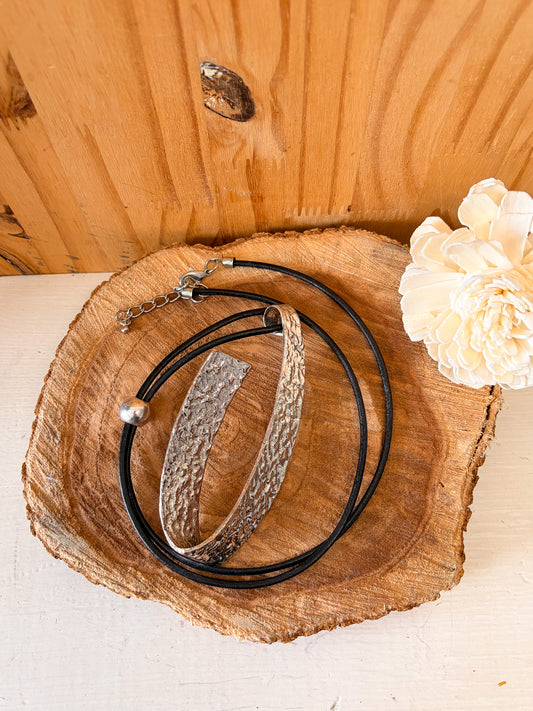 Long Hammered Silver Pendant Cord Necklace
