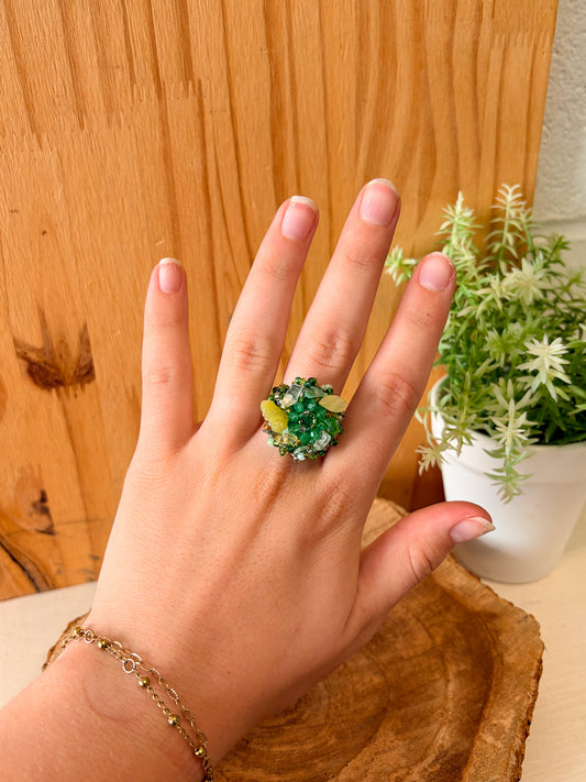 Stretchy Green Beaded Statement Ring