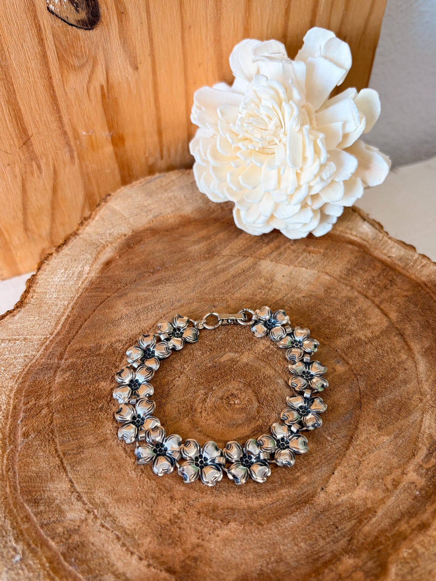 Vtg Beau Sterling Dogwood Flower Link Bracelet