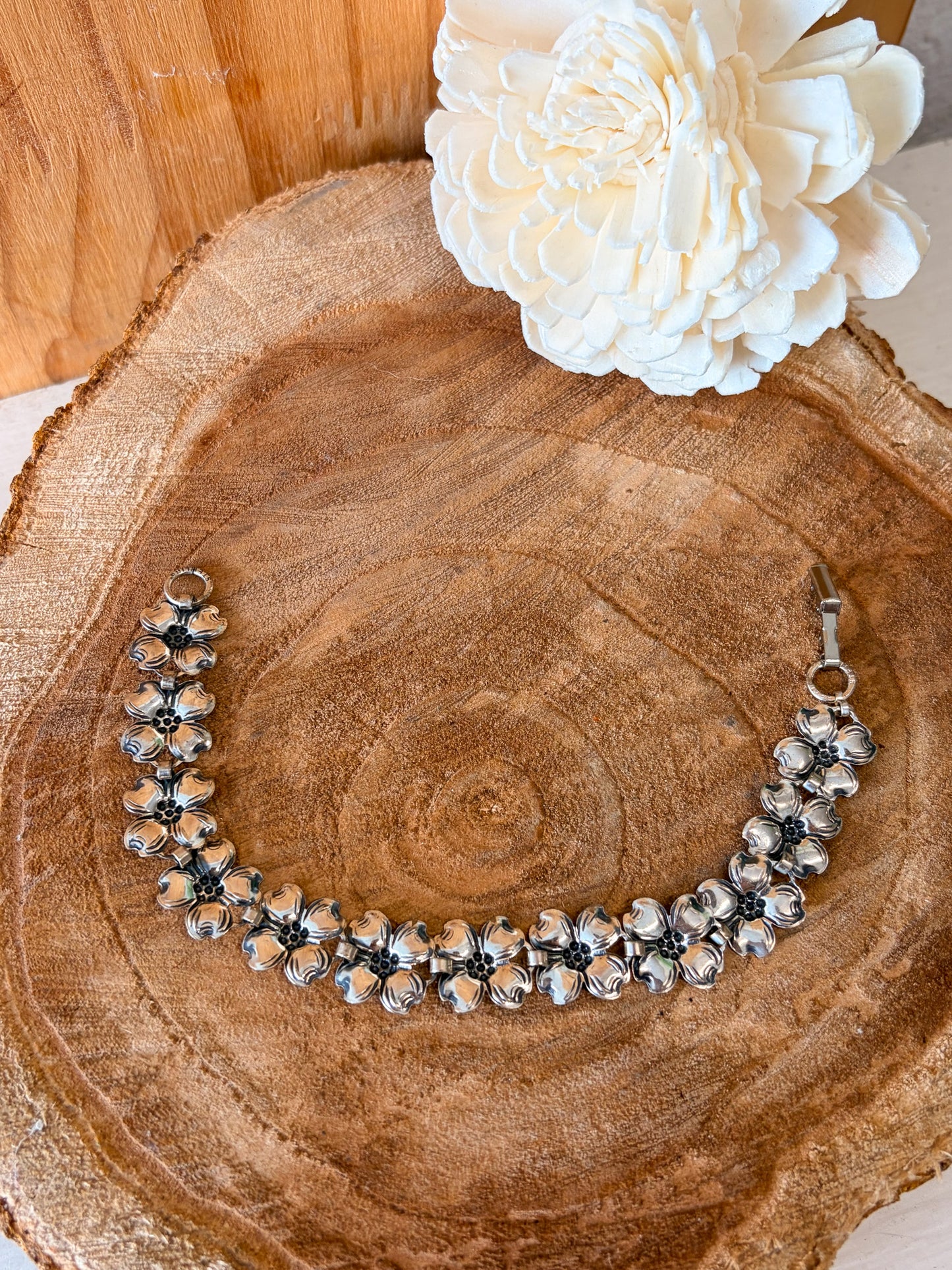 Vtg Beau Sterling Dogwood Flower Link Bracelet