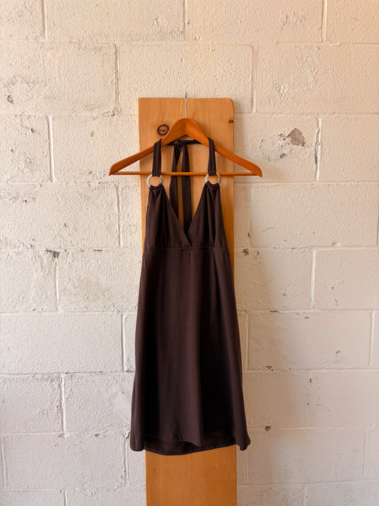 Brown Open Back Y2K Halter Dress : M