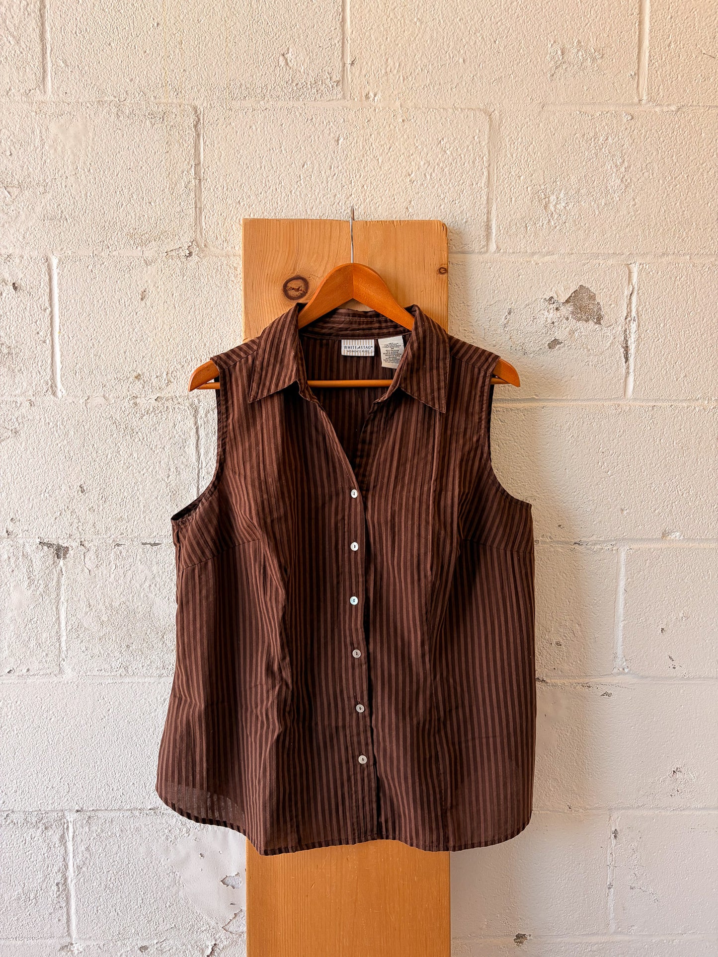 Vtg Brown Striped Sleeveless Button Up : 16W