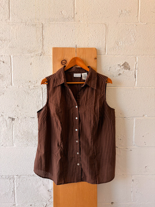 Vtg Brown Striped Sleeveless Button Up : 16W