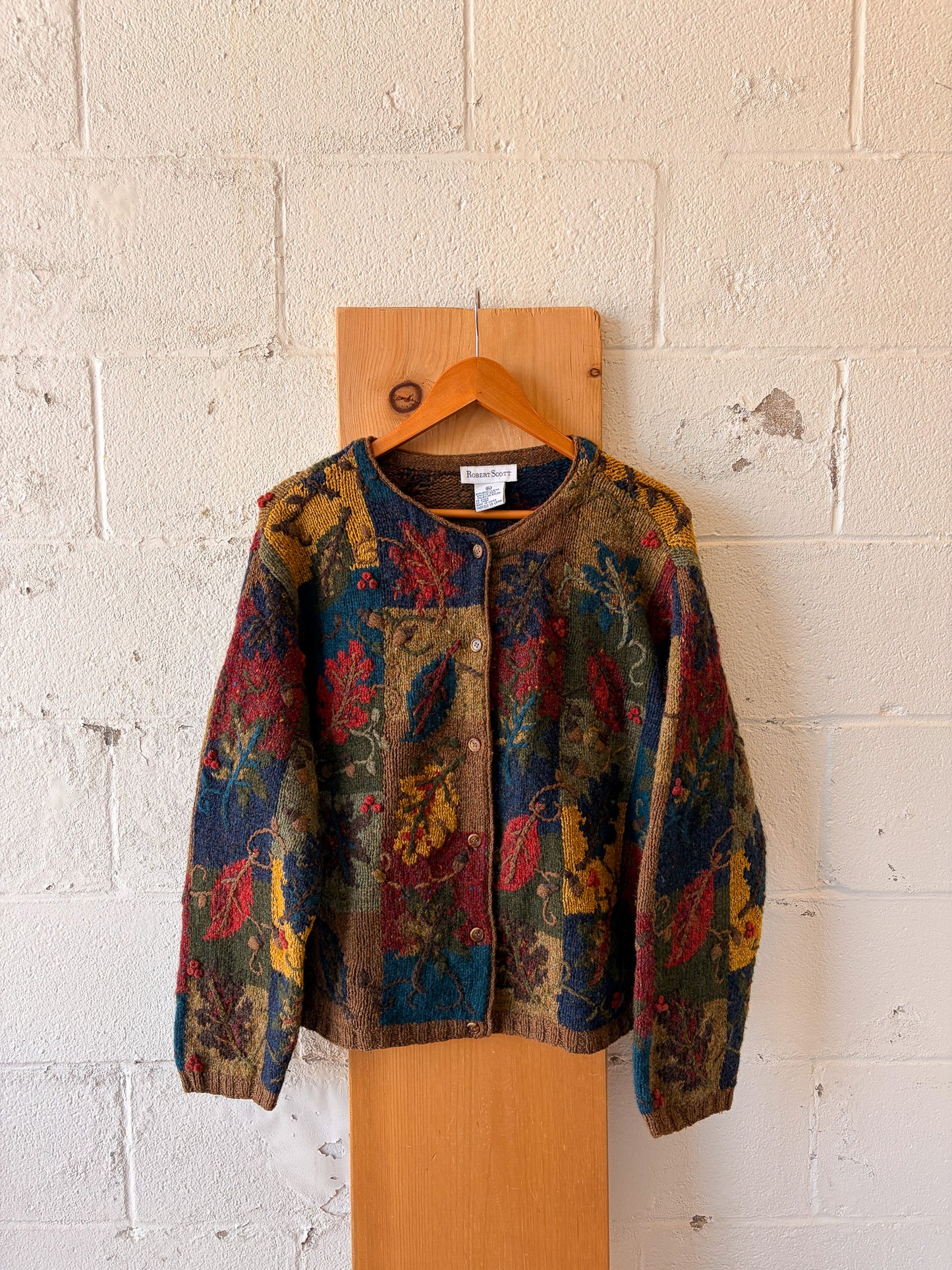 Vtg Autumn Leaves Wool Cardigan : XL