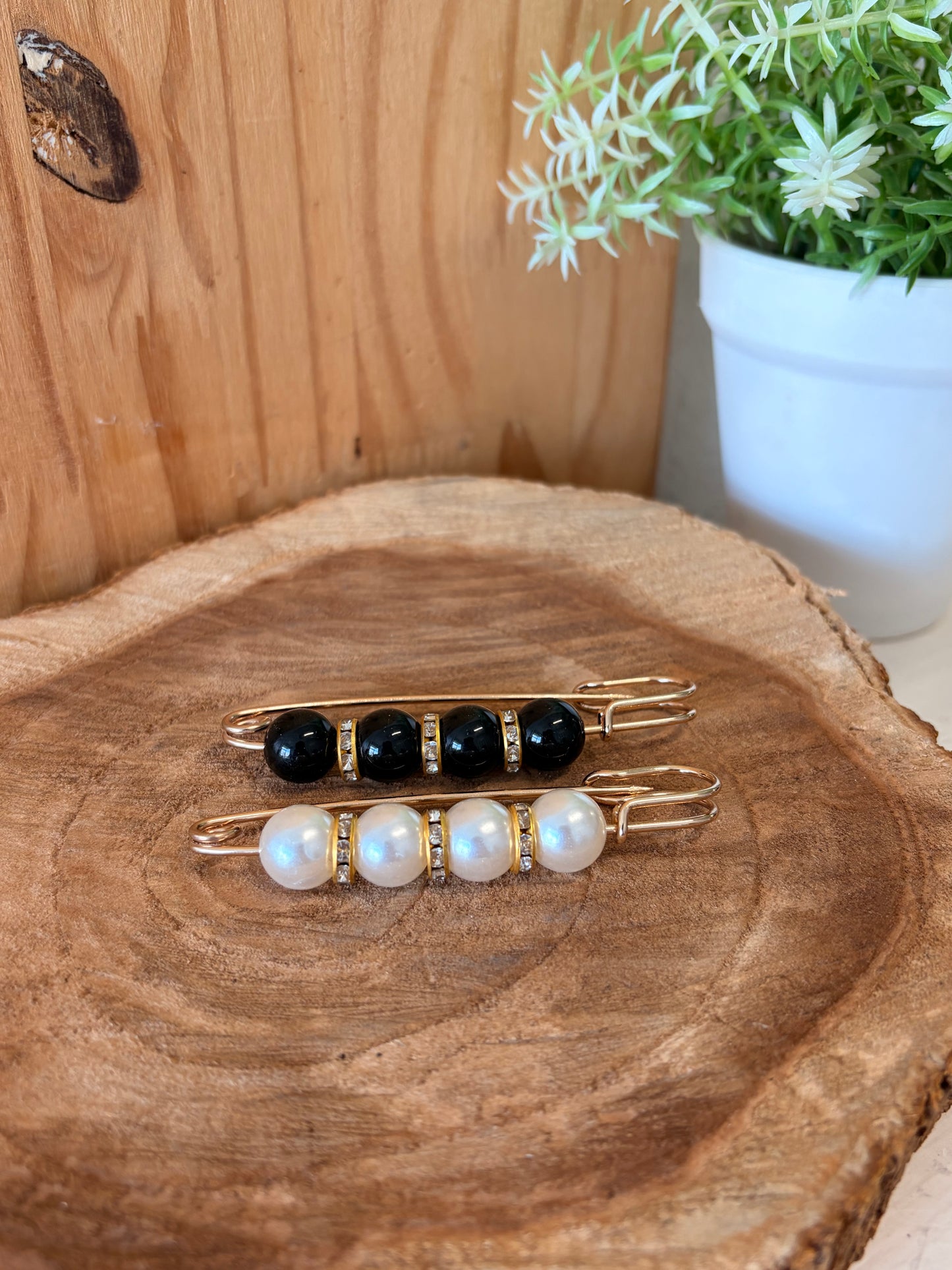 Pair of Black & White Beaded Brooches