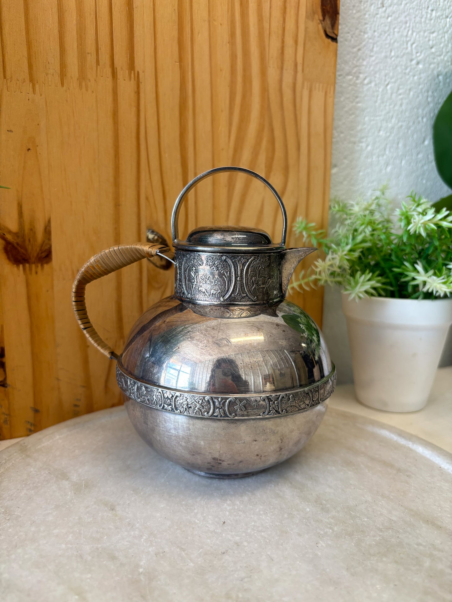 Vtg Rattan Handle Silver Tea Pot