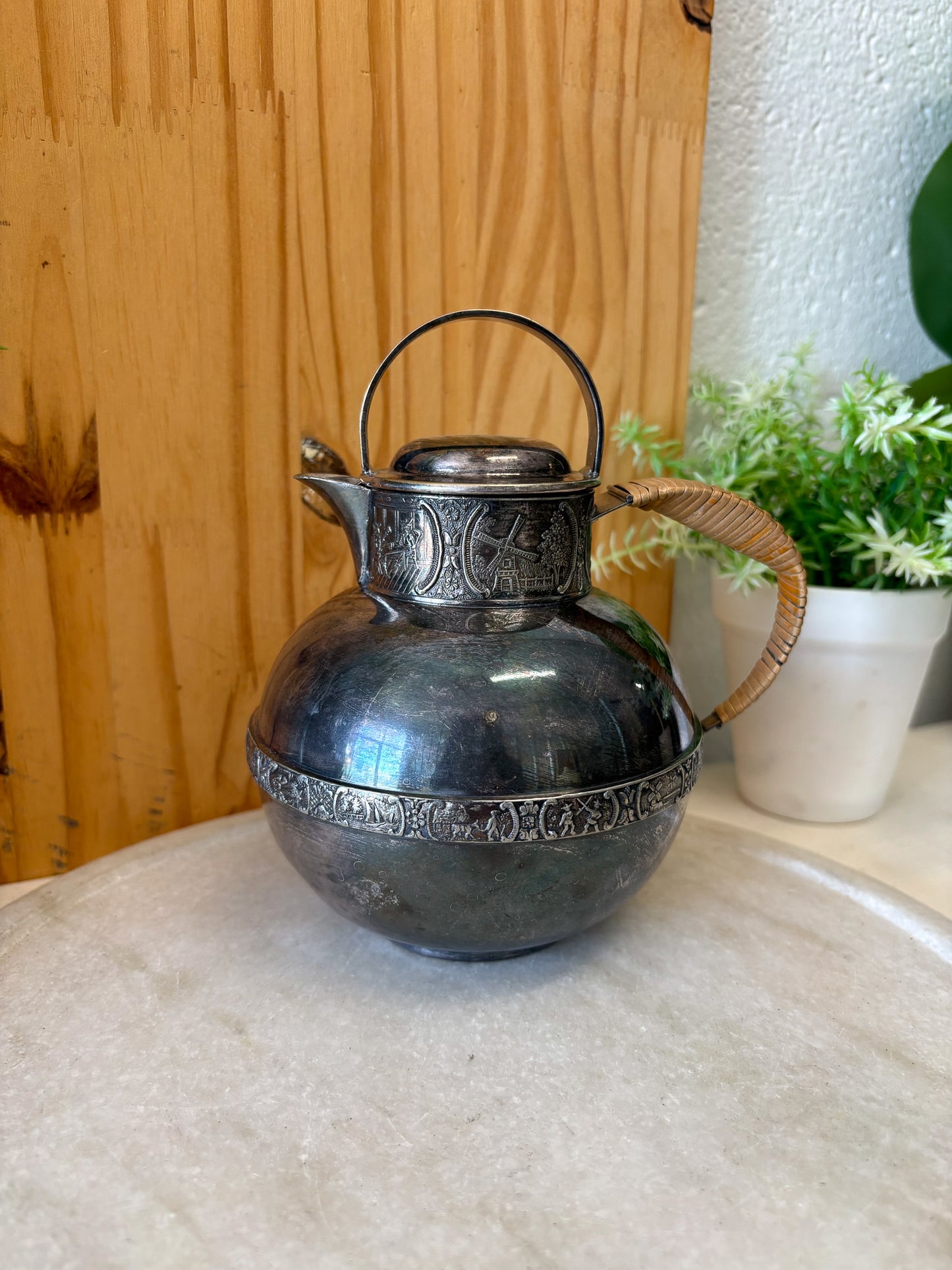 Vtg Rattan Handle Silver Tea Pot