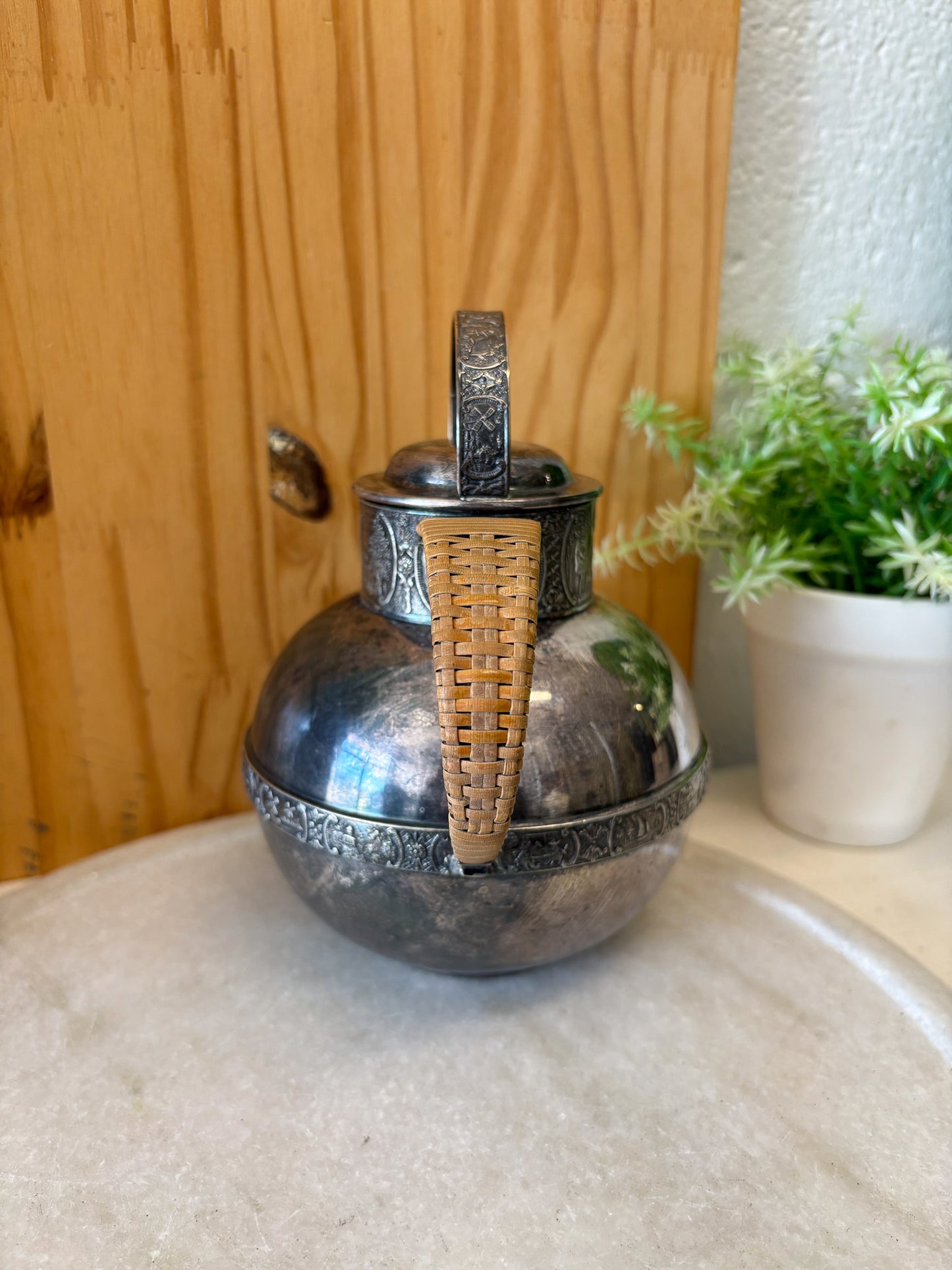 Vtg Rattan Handle Silver Tea Pot