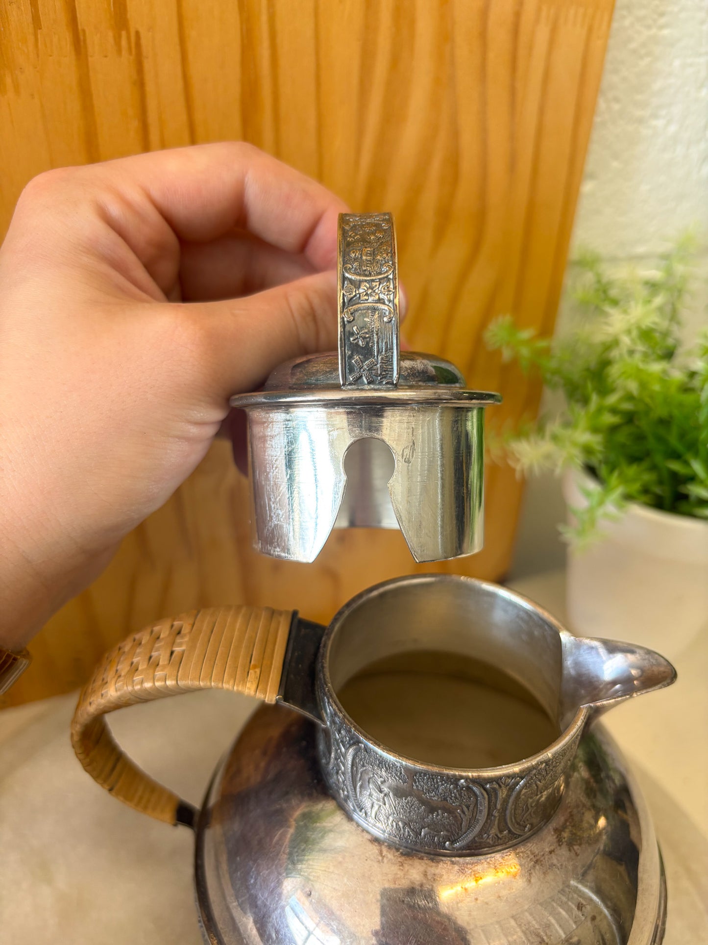 Vtg Rattan Handle Silver Tea Pot