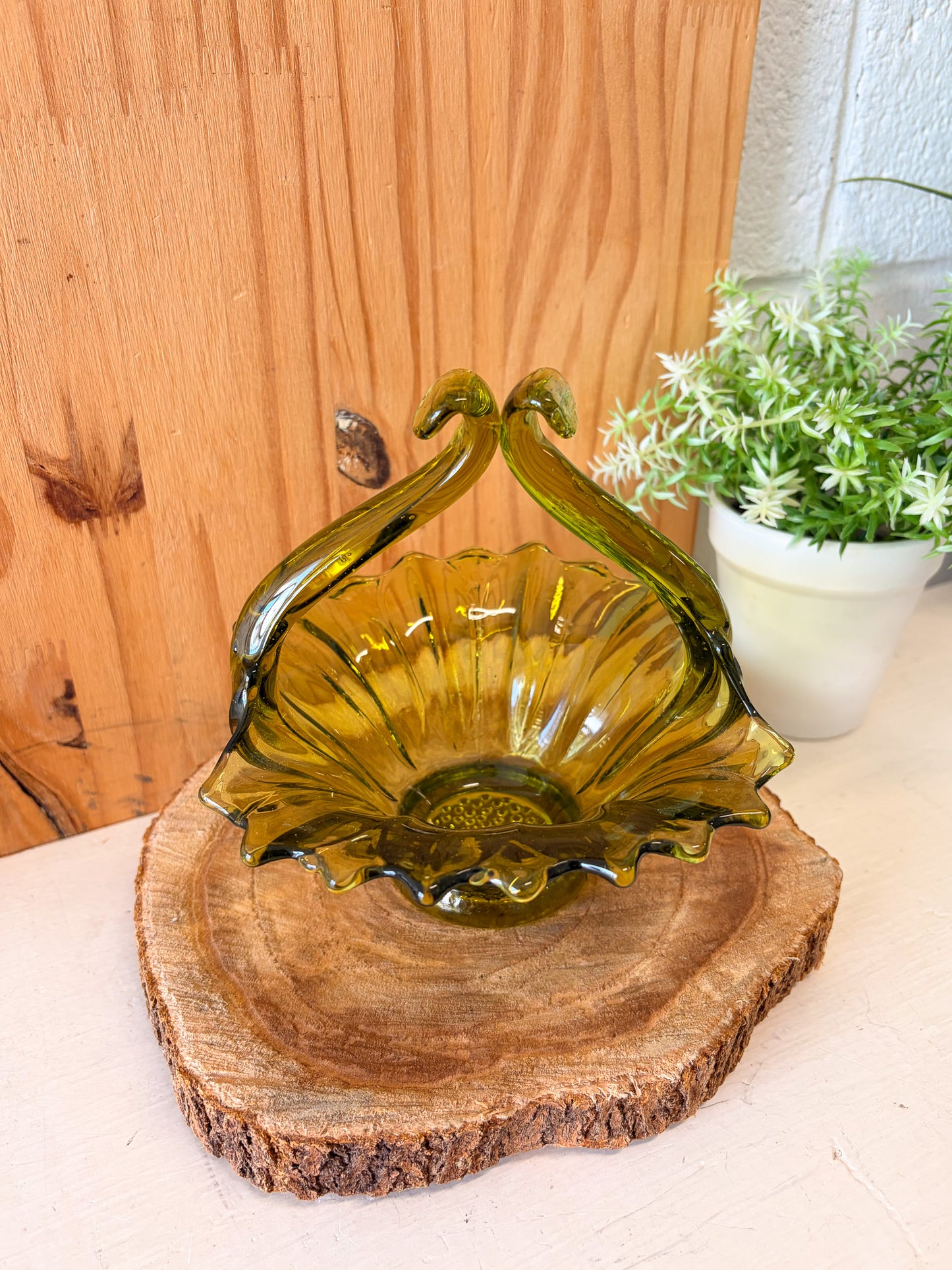 Vtg Green Glass Sunflower Basket (Local Pick Up Only)