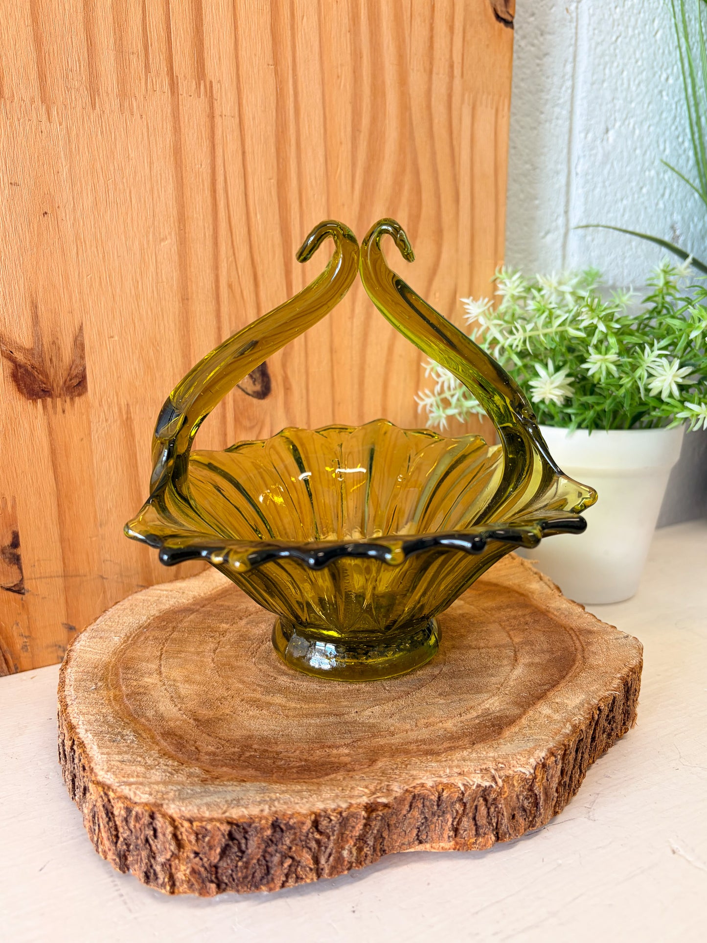 Vtg Green Glass Sunflower Basket (Local Pick Up Only)