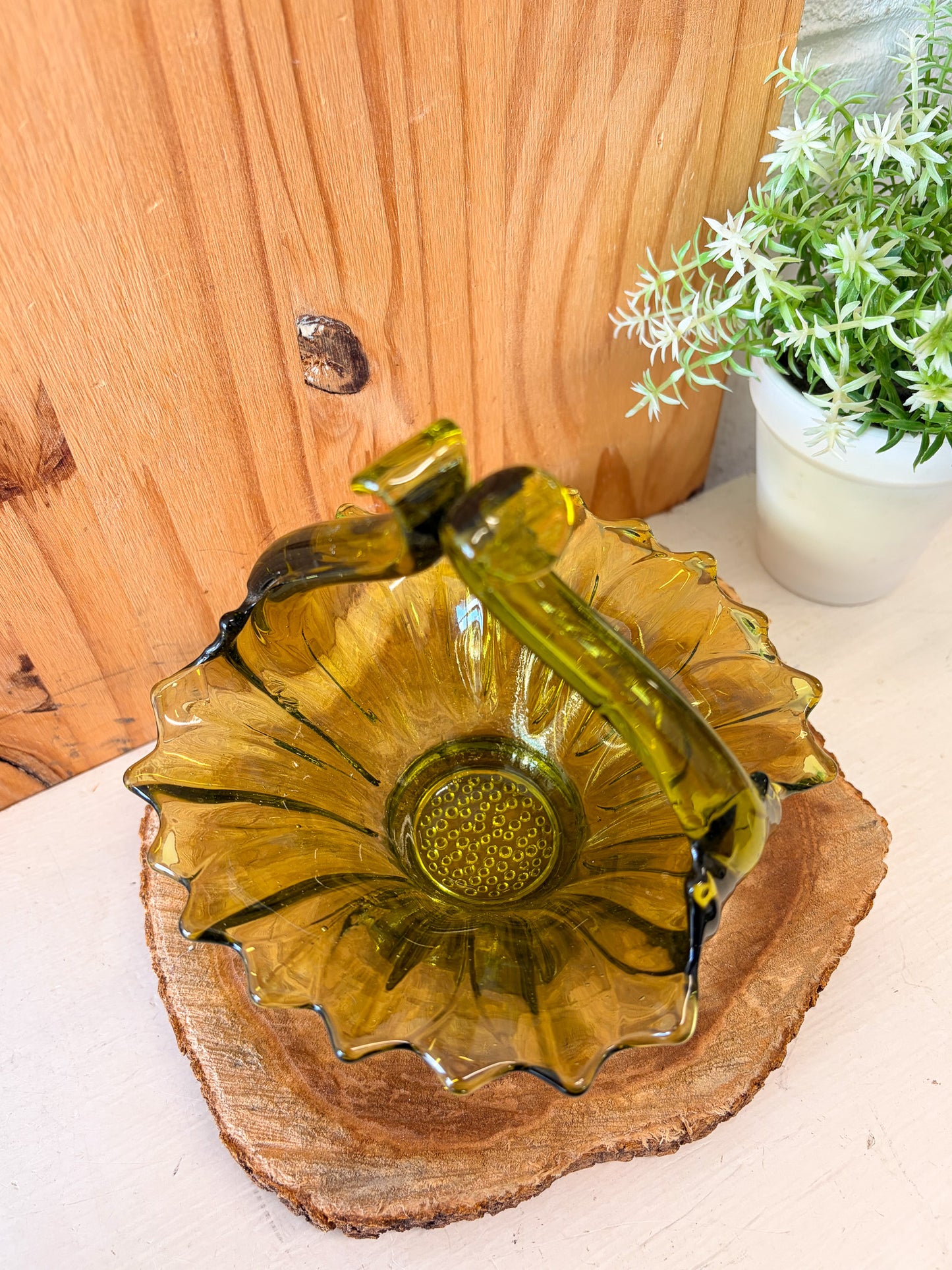 Vtg Green Glass Sunflower Basket (Local Pick Up Only)