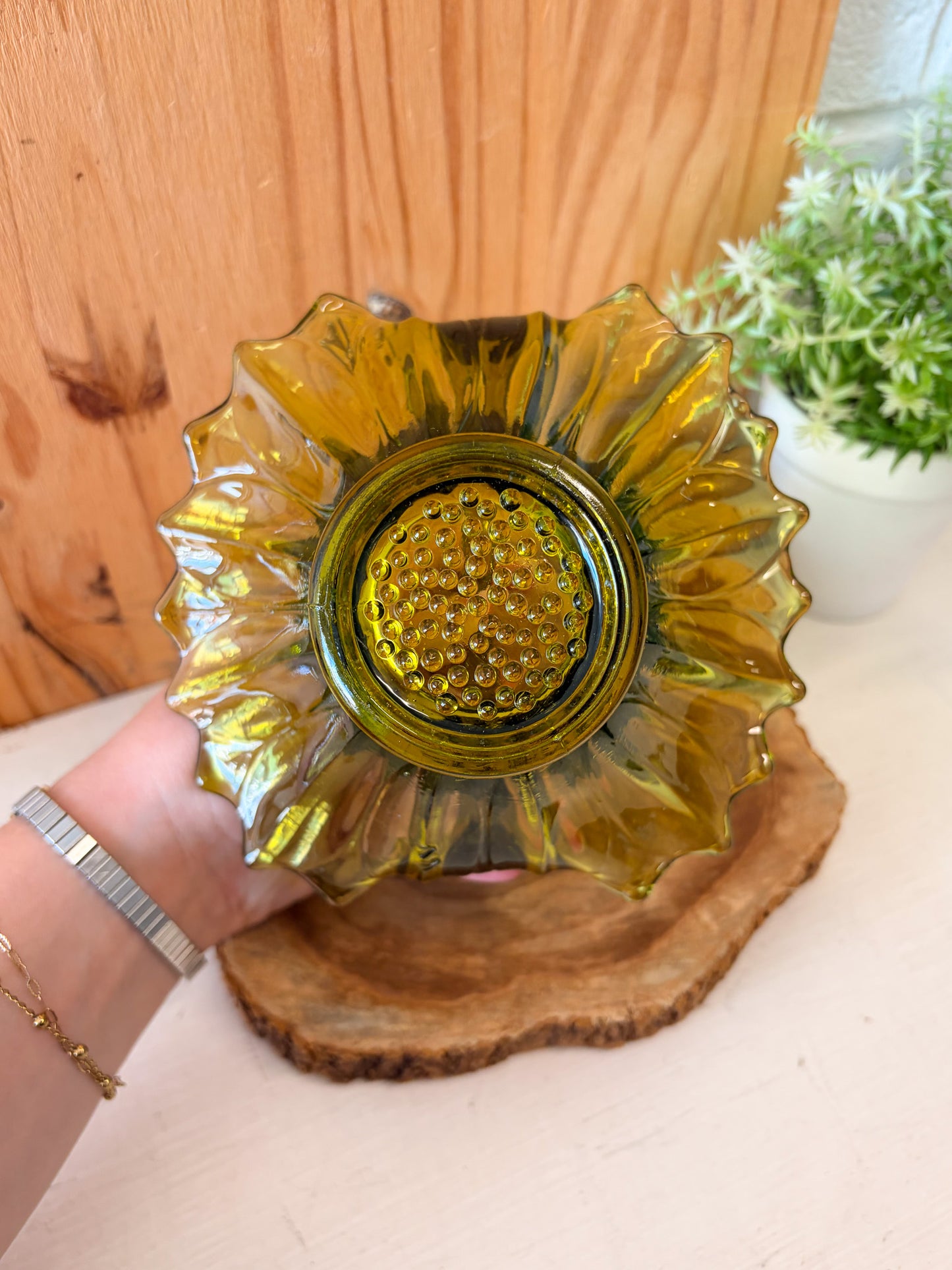 Vtg Green Glass Sunflower Basket (Local Pick Up Only)