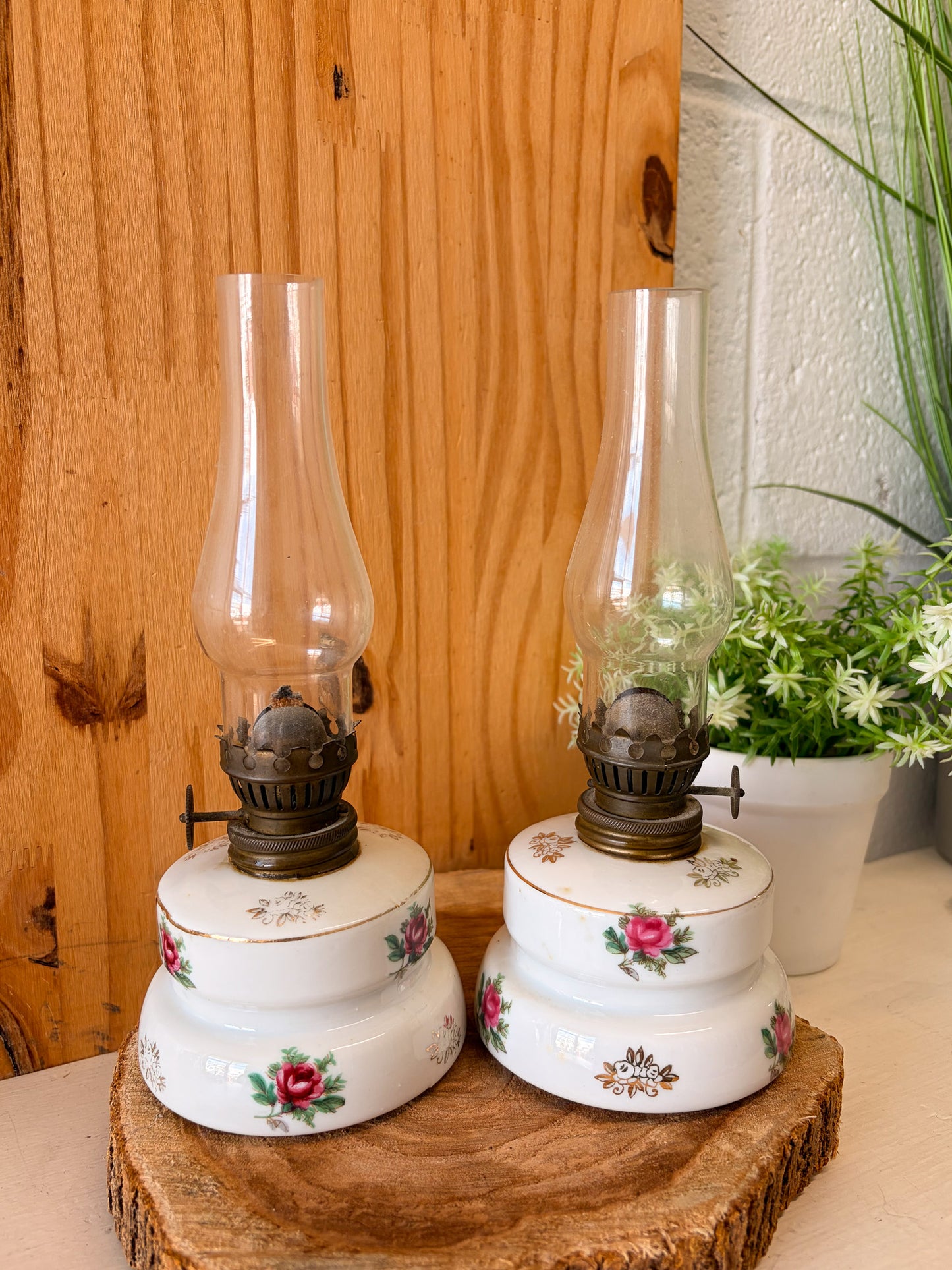 Vtg Pair of Floral Painted Oil Lamps (Local Pick Up Only)